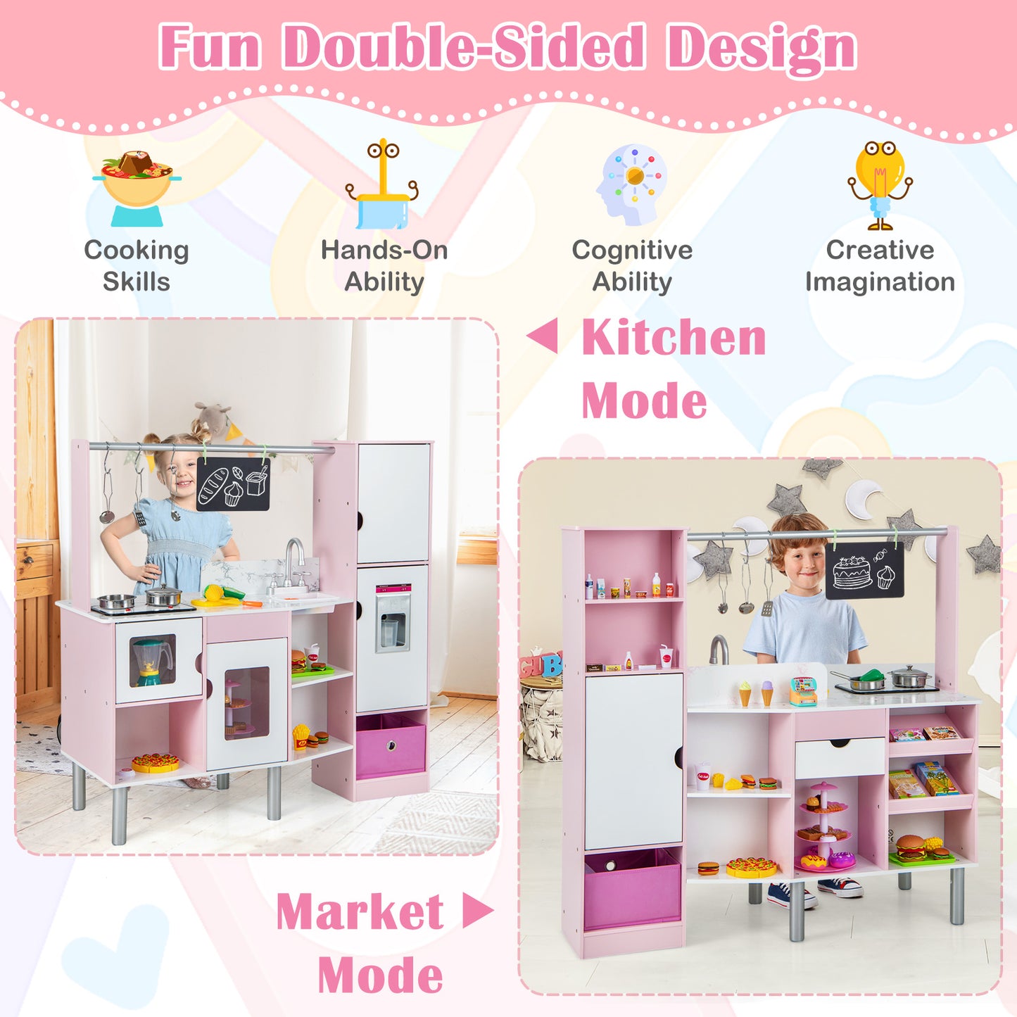 2-in-1 Double-sided Kids Kitchen and Market with Realistic Light and Sound, Pink Play Kitchen Sets at Gallery Canada