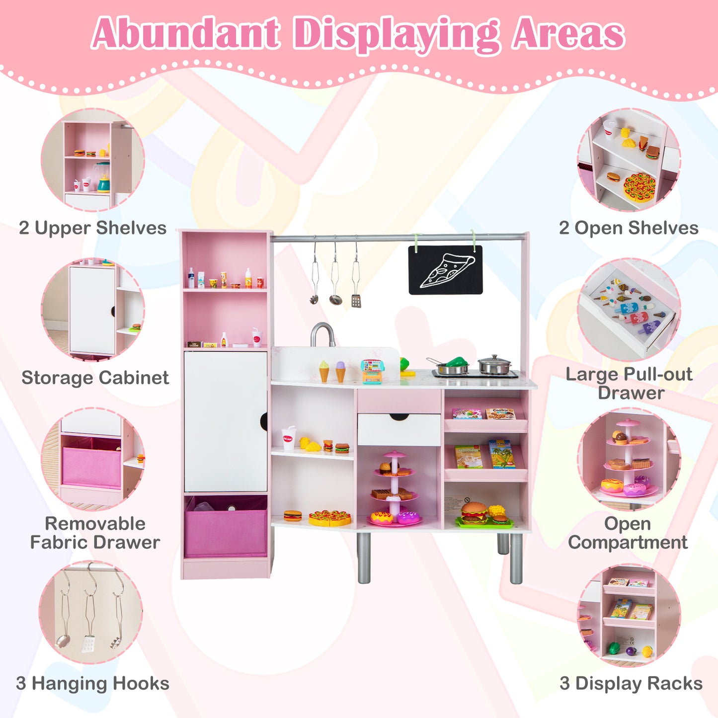 2-in-1 Double-sided Kids Kitchen and Market with Realistic Light and Sound, Pink Play Kitchen Sets at Gallery Canada