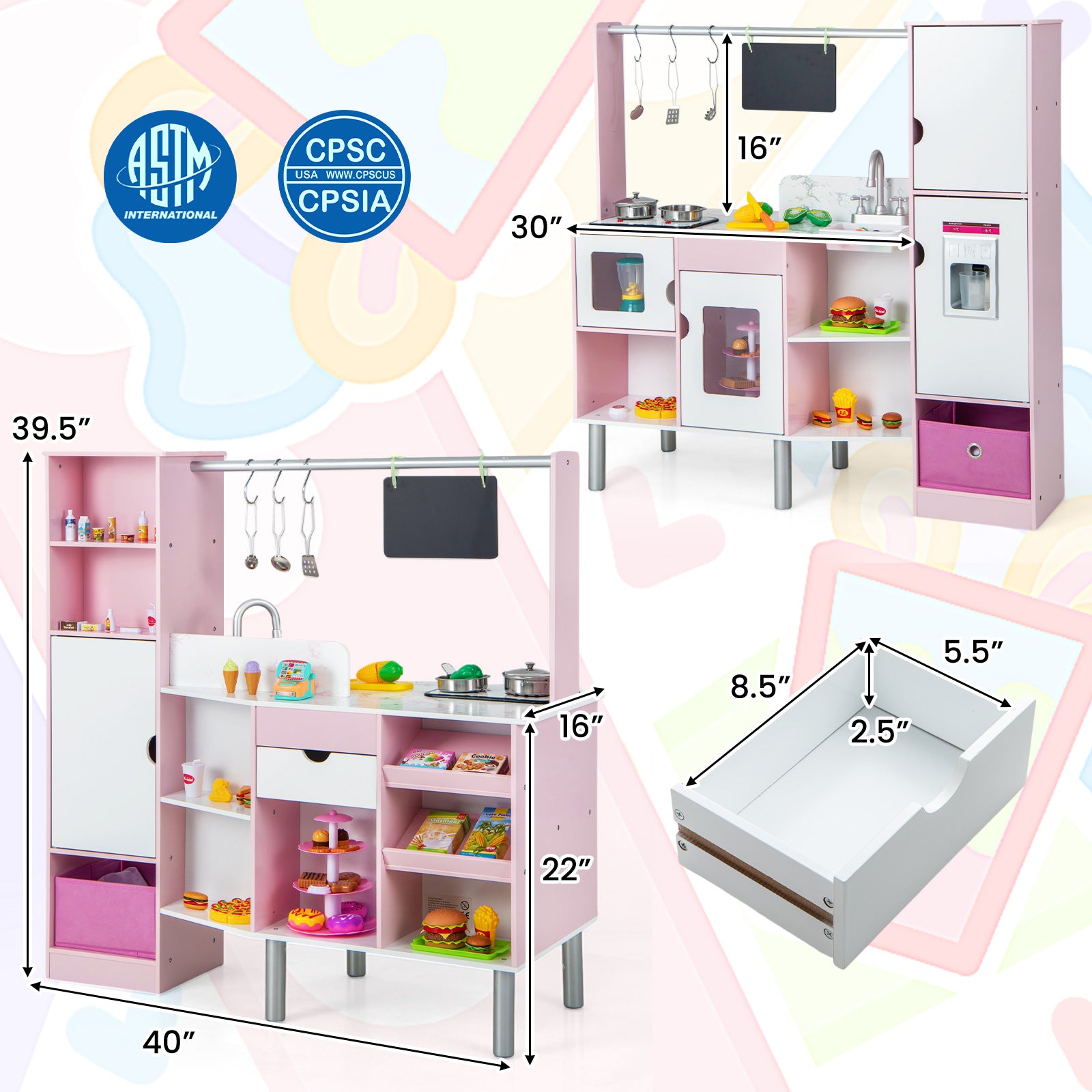 2-in-1 Double-sided Kids Kitchen and Market with Realistic Light and Sound, Pink Play Kitchen Sets at Gallery Canada