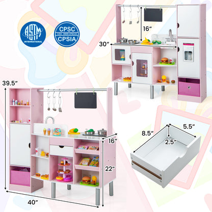 2-in-1 Double-sided Kids Kitchen and Market with Realistic Light and Sound, Pink Play Kitchen Sets at Gallery Canada
