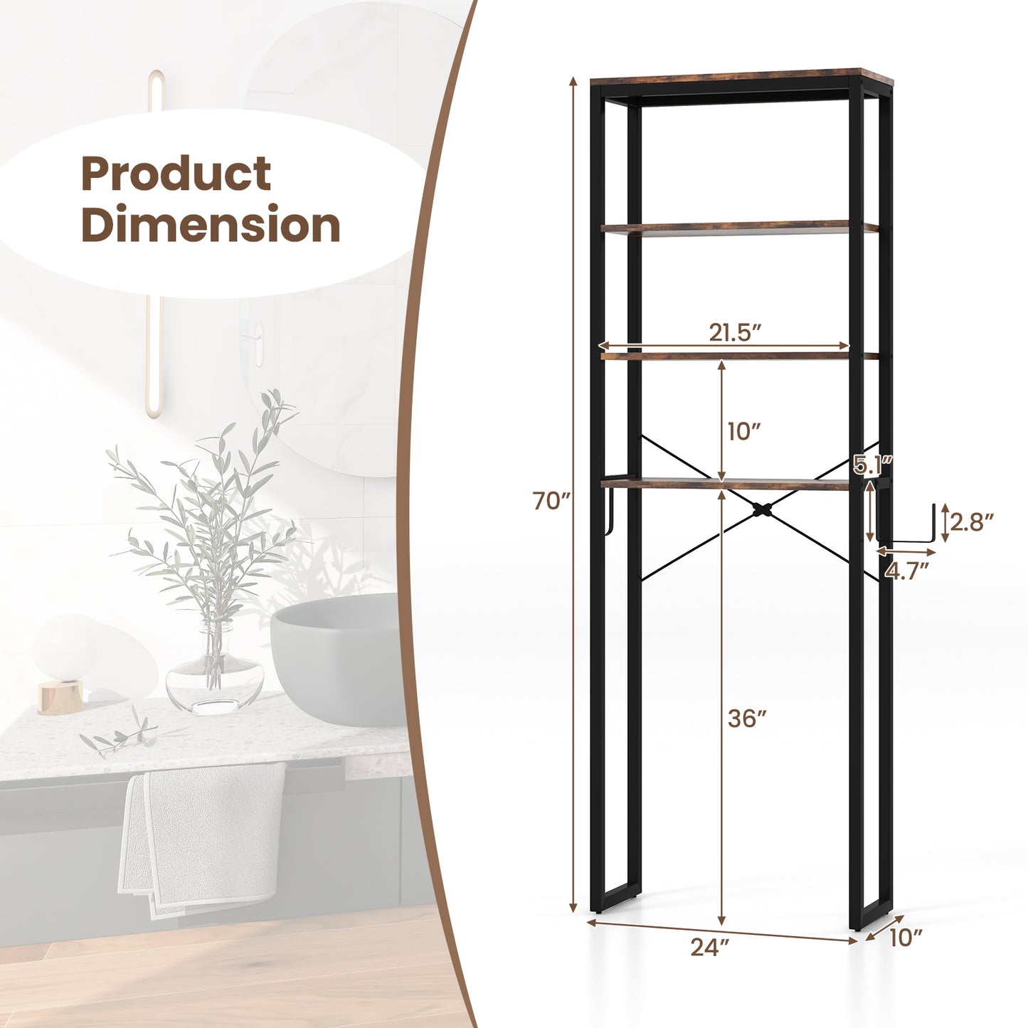 4-Tier Adjustable Bathroom Metal Storage Rack, Rustic Brown Bathroom Etagere at Gallery Canada