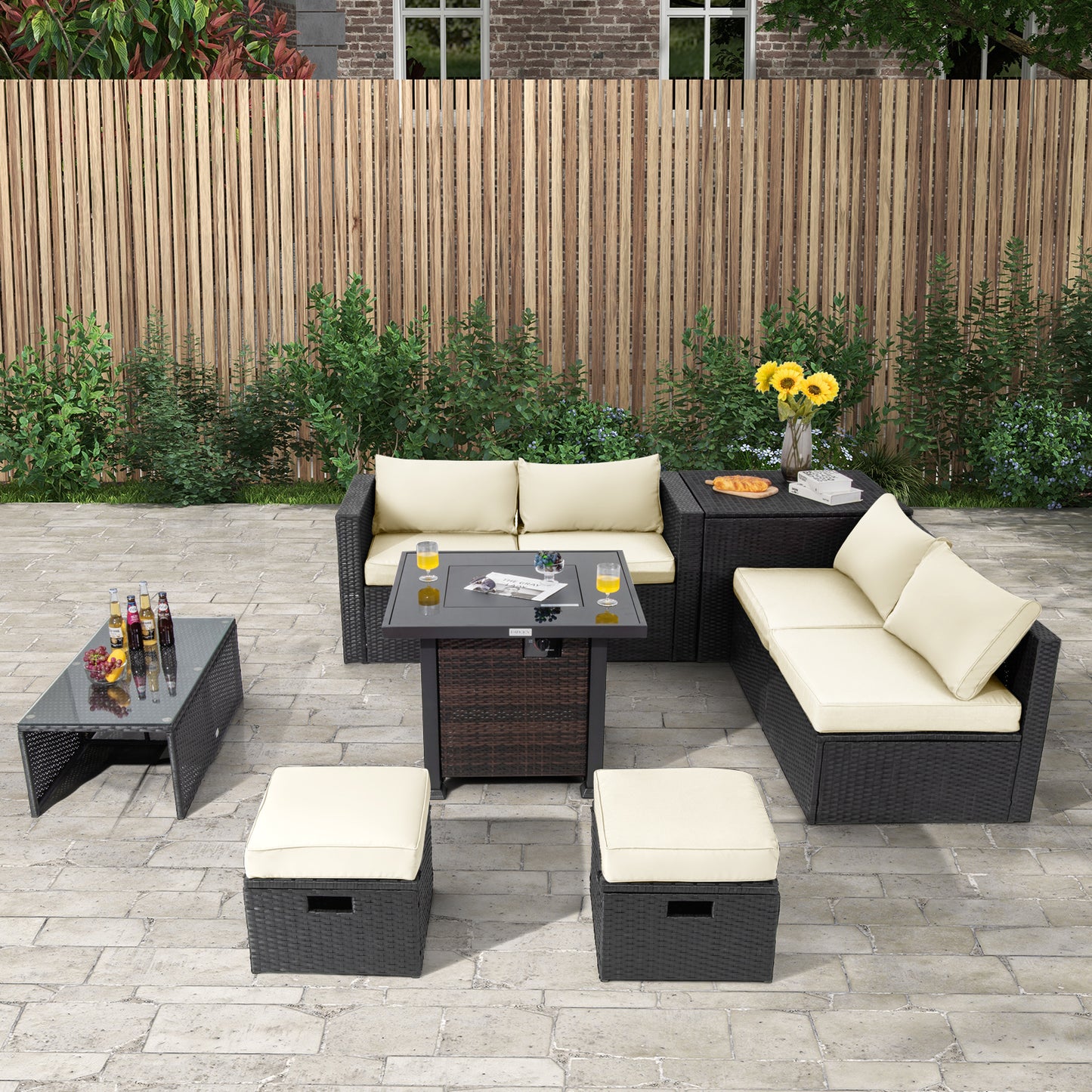 9 Pieces Patio Furniture Set with 32” Fire Pit Table and 50000 BTU Square Propane Fire Pit, White Outdoor Seating & Patio Chairs at Gallery Canada