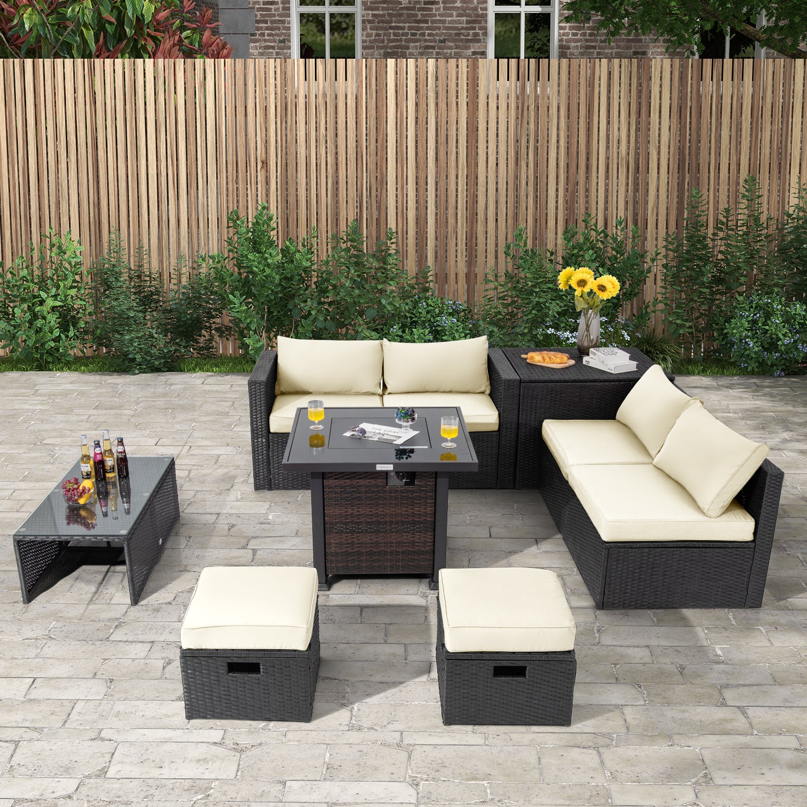 9 Pieces Patio Furniture Set with 32” Fire Pit Table and 50000 BTU Square Propane Fire Pit, White Outdoor Seating & Patio Chairs at Gallery Canada