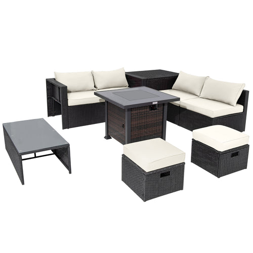 9 Piece Patio Furniture Set, 32” Fire Pit Table, White