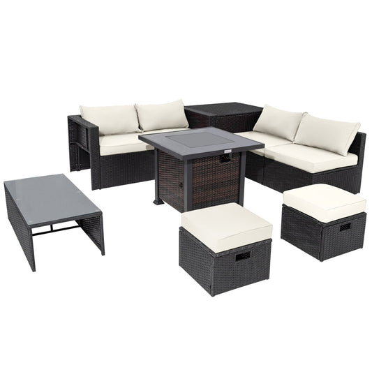 9 Pieces Patio Furniture Set with 32” Fire Pit Table and 50000 BTU Square Propane Fire Pit, White - Gallery Canada