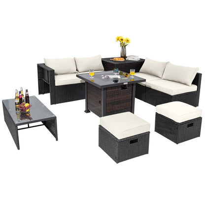 9 Pieces Patio Furniture Set with 32” Fire Pit Table and 50000 BTU Square Propane Fire Pit, White at Gallery Canada