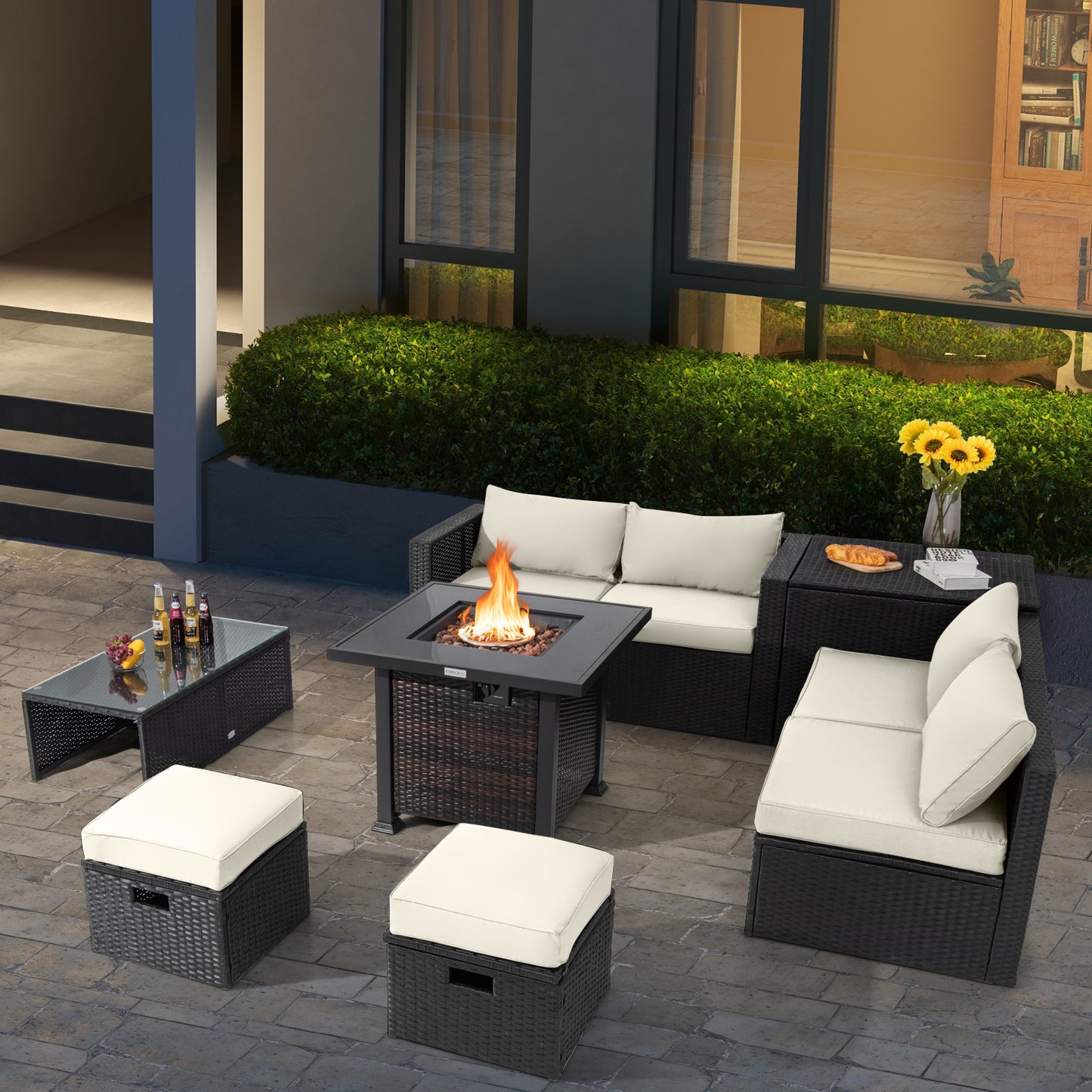 9 Pieces Patio Furniture Set with 32” Fire Pit Table and 50000 BTU Square Propane Fire Pit, White Outdoor Seating & Patio Chairs at Gallery Canada