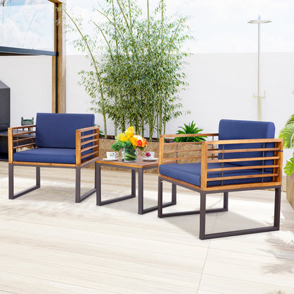 3 Pieces Patio Acacia Wood Conversation Set with Cushioned Armchairs, Navy Patio Conversation Sets at Gallery Canada