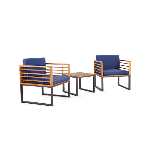 3 Piece Acacia Wood Patio Conversation Set, Navy