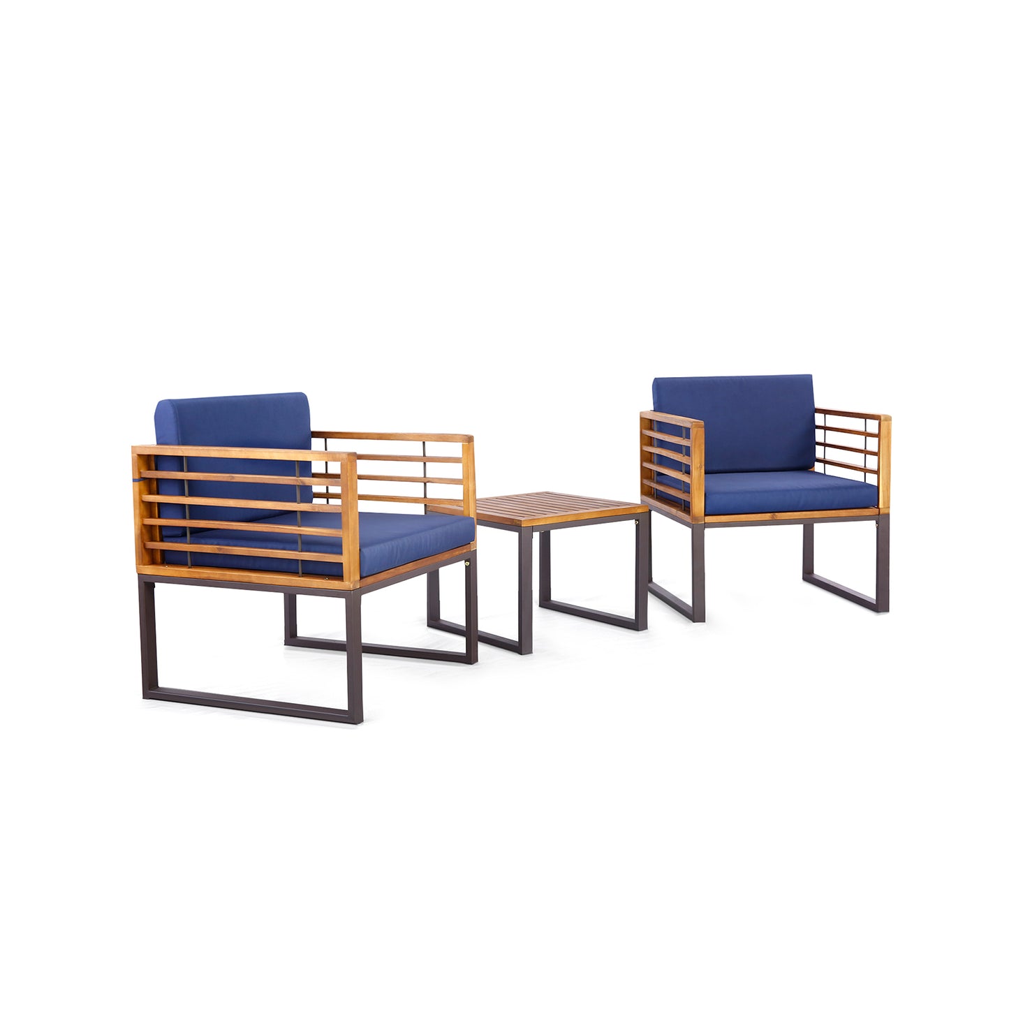3 Pieces Patio Acacia Wood Conversation Set with Cushioned Armchairs, Navy Patio Conversation Sets Navy at Gallery Canada