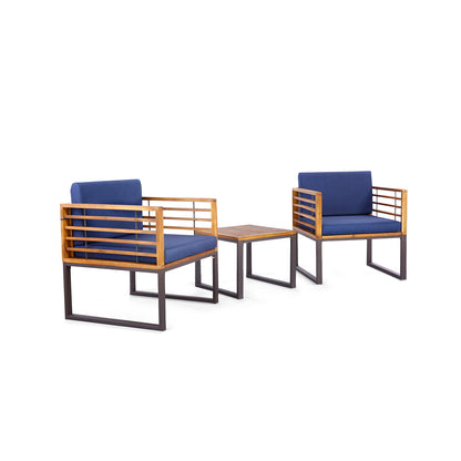 3 Pieces Patio Acacia Wood Conversation Set with Cushioned Armchairs, Navy Patio Conversation Sets Navy at Gallery Canada