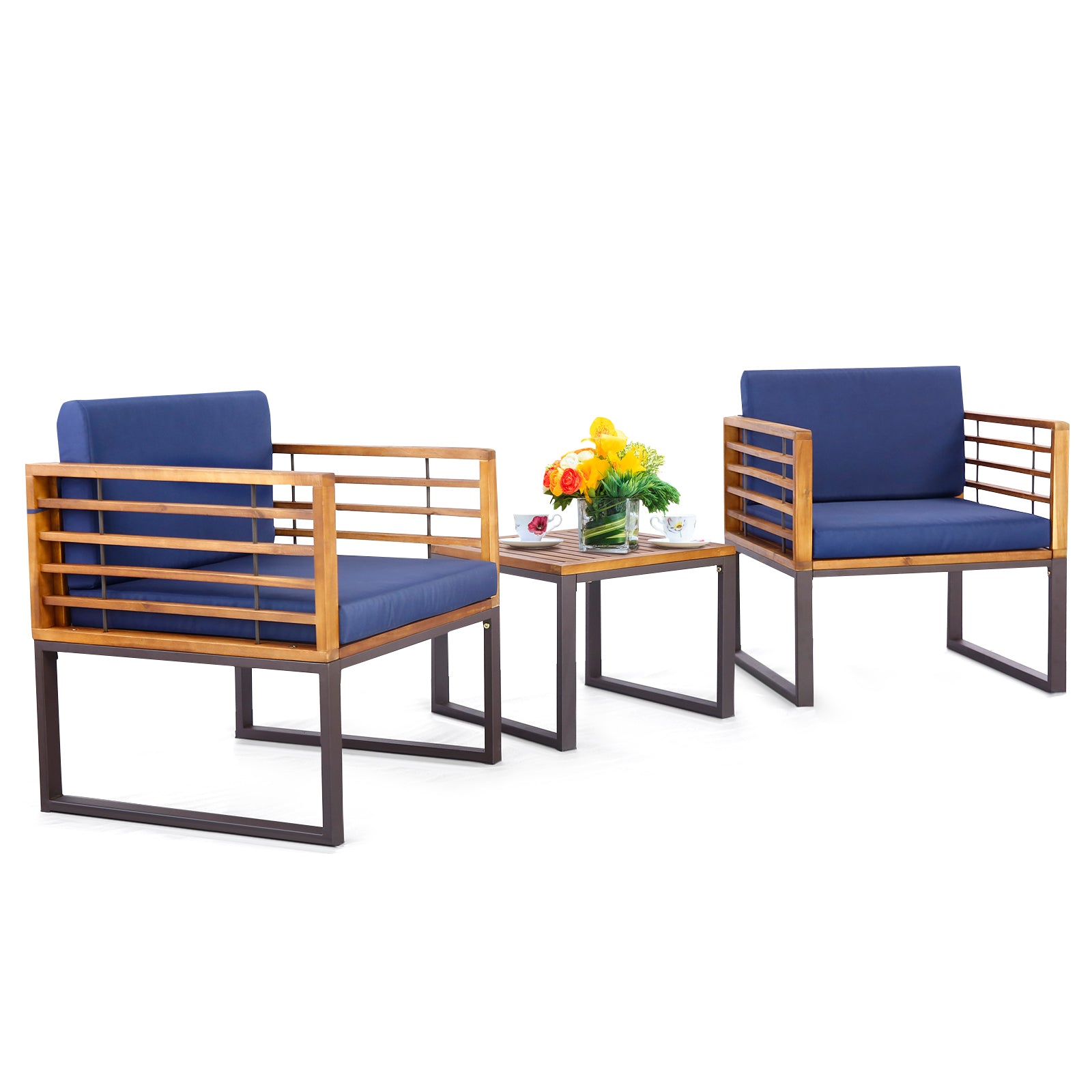 3 Pieces Patio Acacia Wood Conversation Set with Cushioned Armchairs, Navy Patio Conversation Sets at Gallery Canada