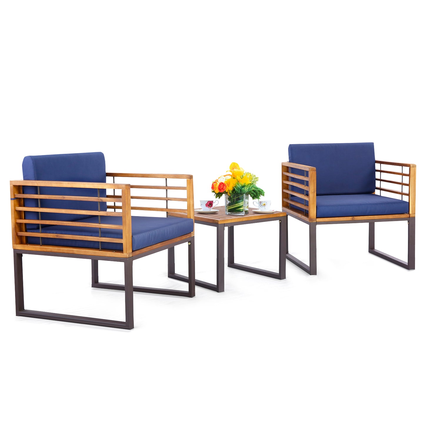 3 Pieces Patio Acacia Wood Conversation Set with Cushioned Armchairs, Navy Patio Conversation Sets at Gallery Canada