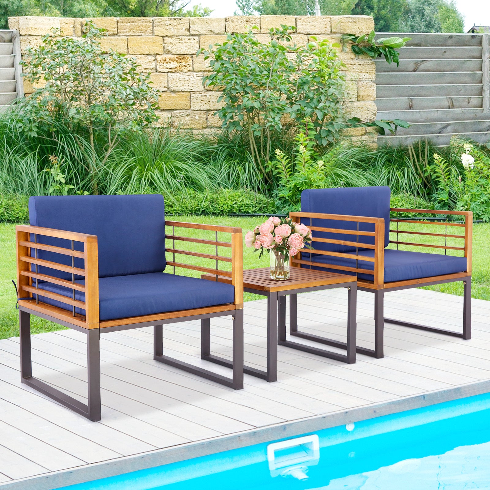 3 Pieces Patio Acacia Wood Conversation Set with Cushioned Armchairs, Navy Patio Conversation Sets at Gallery Canada