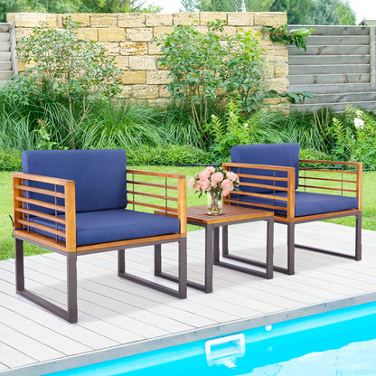 3 Pieces Patio Acacia Wood Conversation Set with Cushioned Armchairs, Navy Patio Conversation Sets at Gallery Canada