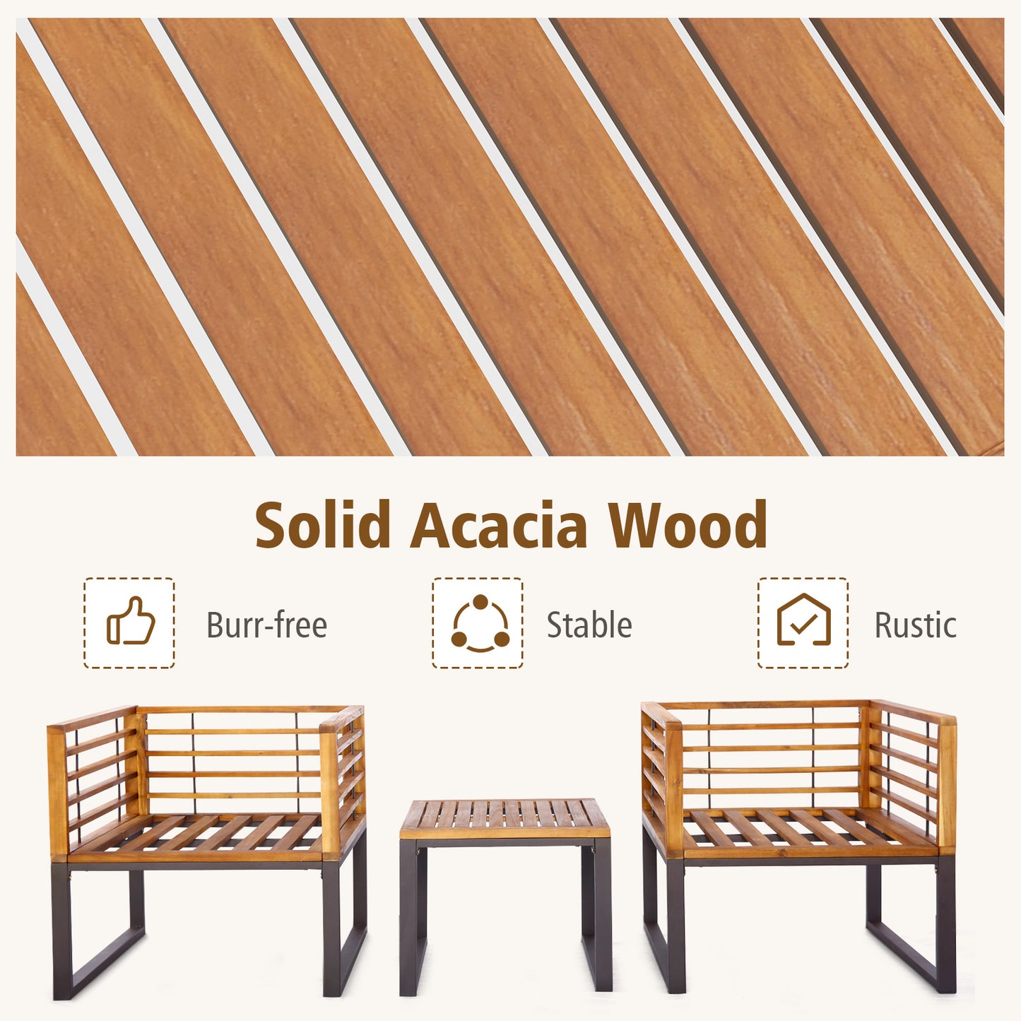 3 Pieces Patio Acacia Wood Conversation Set with Cushioned Armchairs, Navy Patio Conversation Sets at Gallery Canada