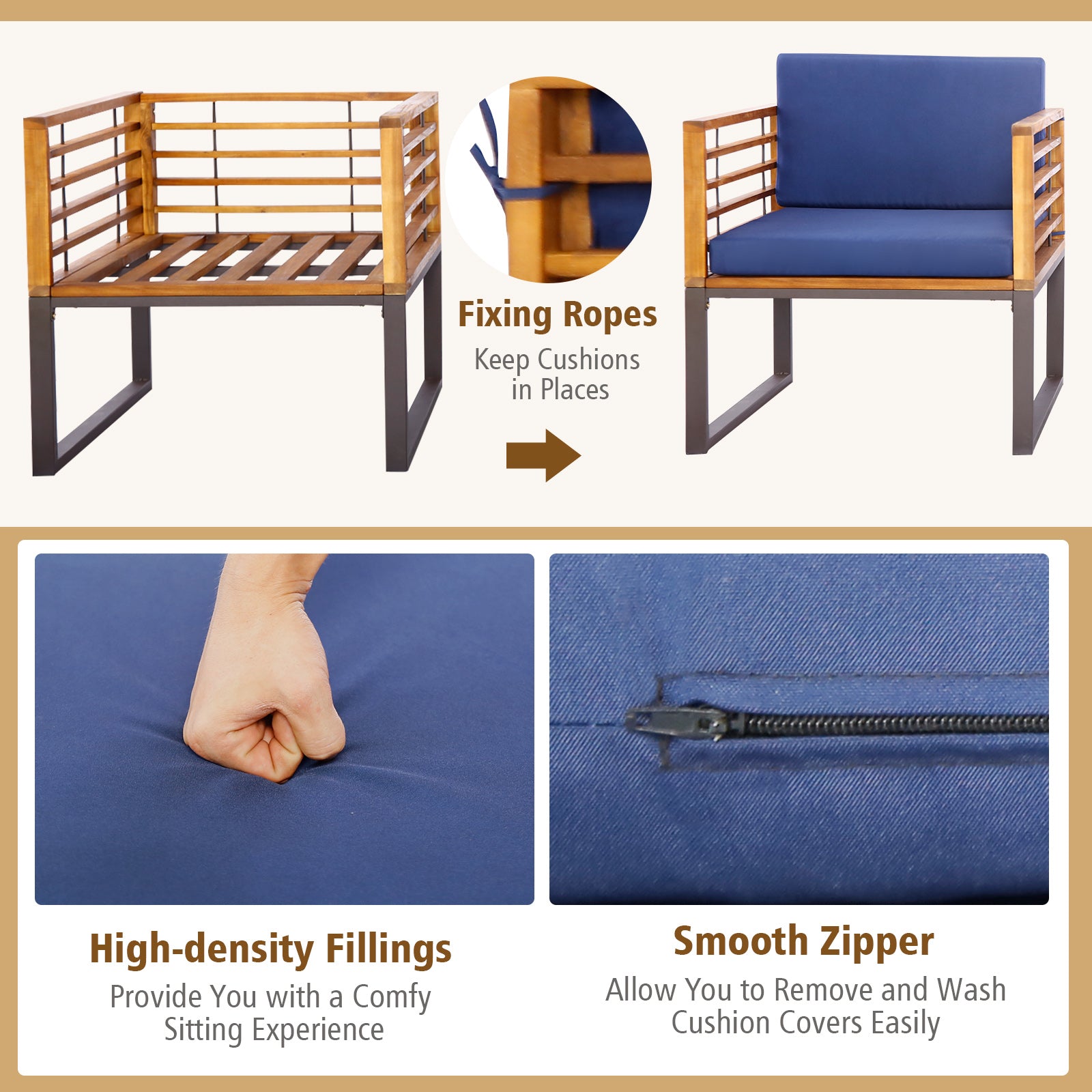 3 Pieces Patio Acacia Wood Conversation Set with Cushioned Armchairs, Navy Patio Conversation Sets at Gallery Canada