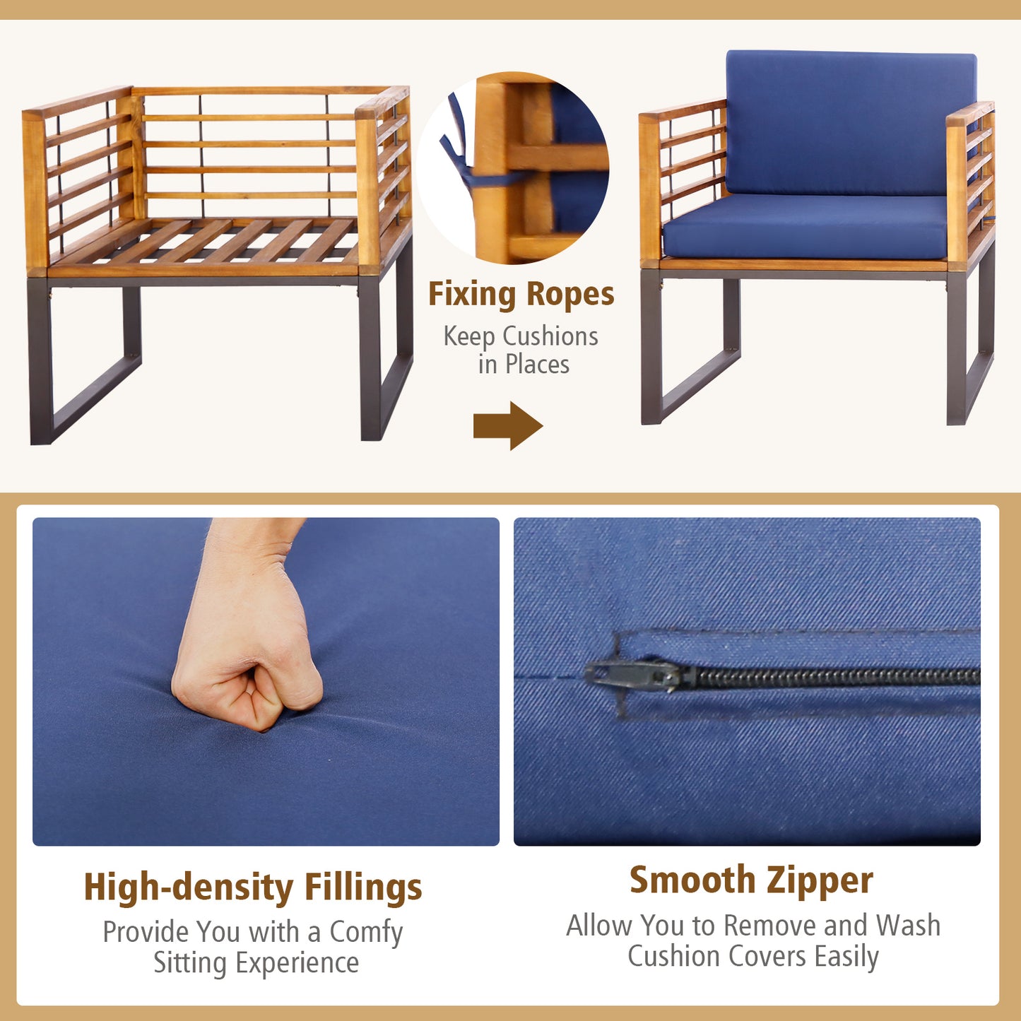 3 Pieces Patio Acacia Wood Conversation Set with Cushioned Armchairs, Navy Patio Conversation Sets at Gallery Canada