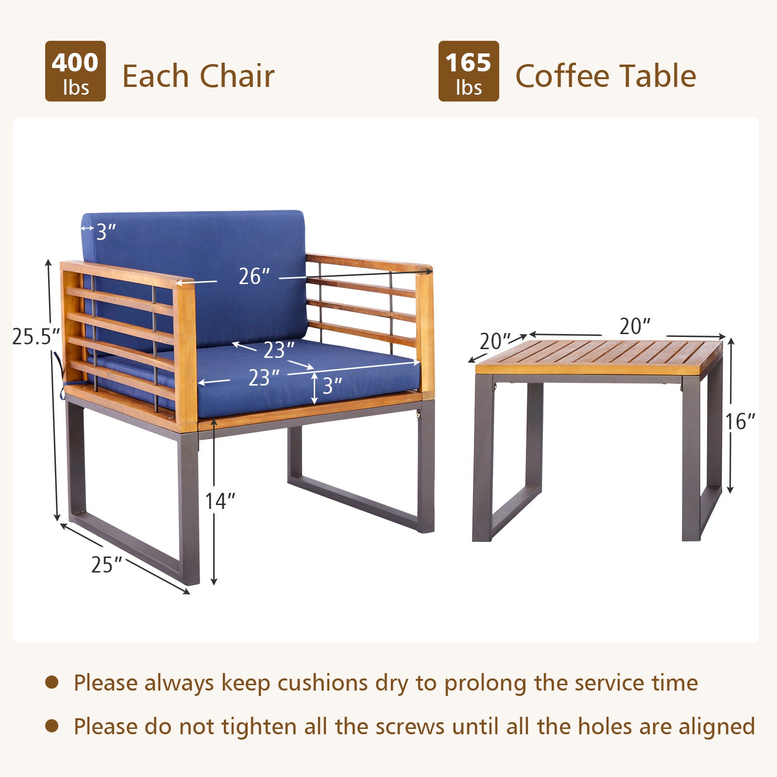 3 Pieces Patio Acacia Wood Conversation Set with Cushioned Armchairs, Navy Patio Conversation Sets at Gallery Canada