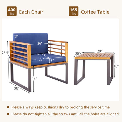 3 Pieces Patio Acacia Wood Conversation Set with Cushioned Armchairs, Navy Patio Conversation Sets at Gallery Canada