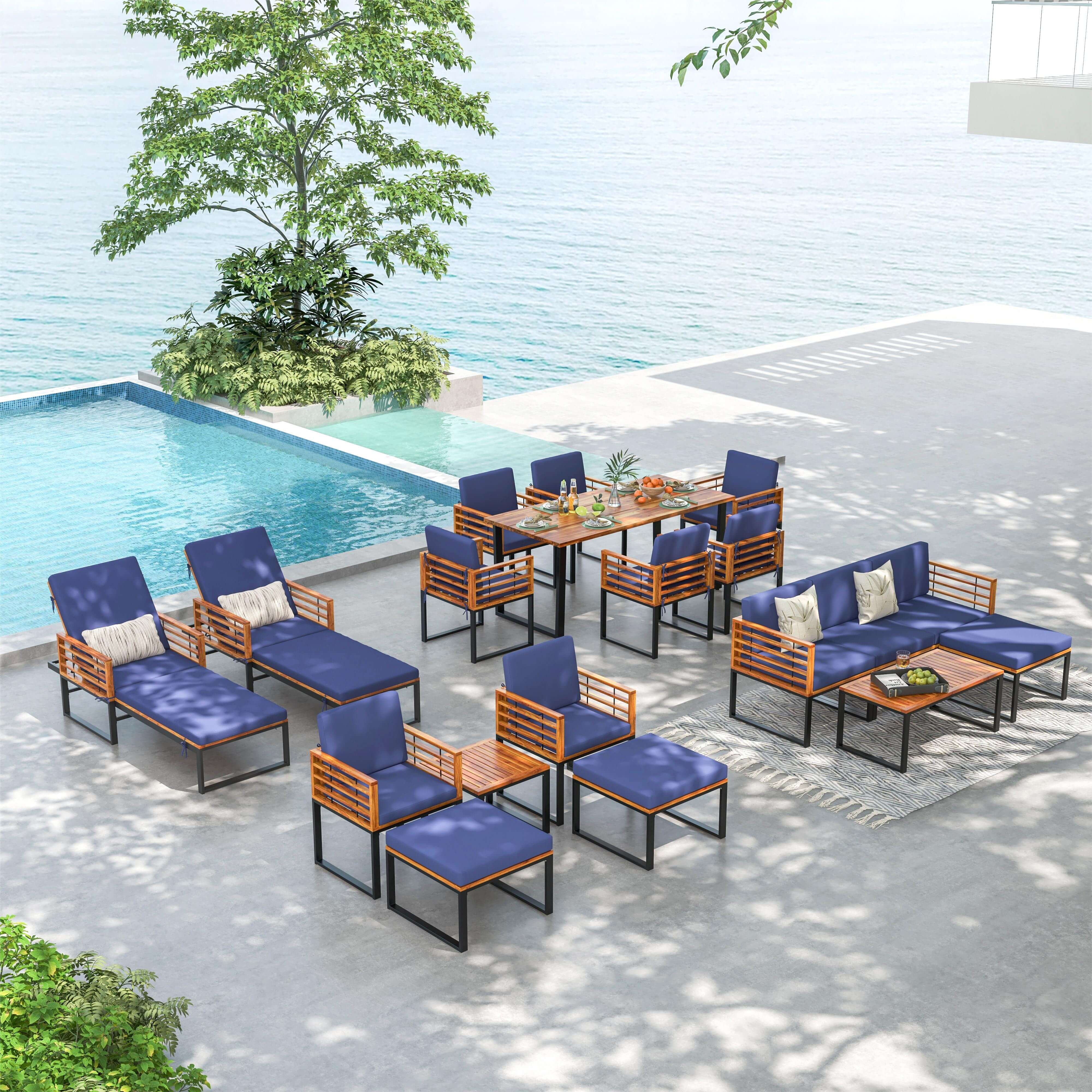 3 Pieces Patio Acacia Wood Conversation Set with Cushioned Armchairs, Navy Patio Conversation Sets at Gallery Canada