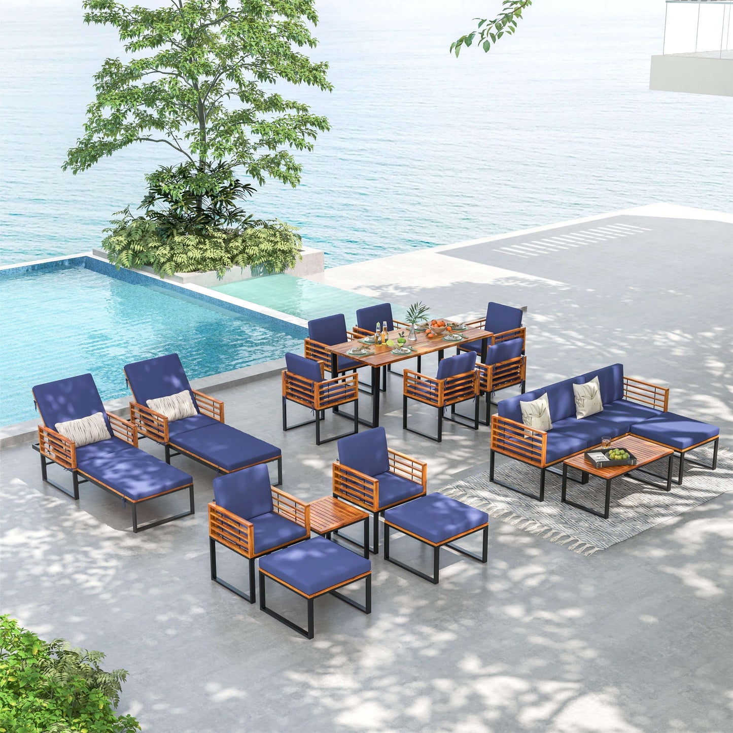 3 Pieces Patio Acacia Wood Conversation Set with Cushioned Armchairs, Navy Patio Conversation Sets at Gallery Canada