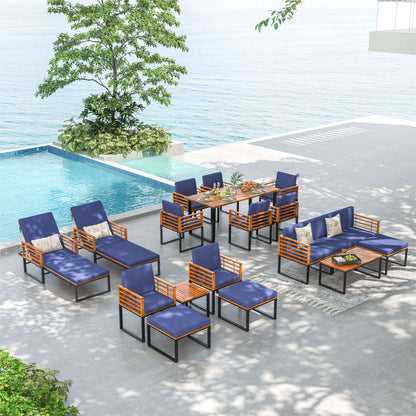 3 Pieces Patio Acacia Wood Conversation Set with Cushioned Armchairs, Navy Patio Conversation Sets at Gallery Canada