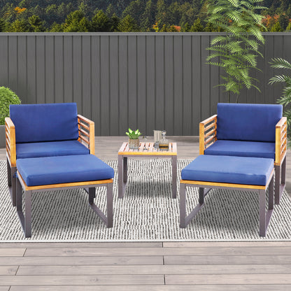 5 Pieces Patio Acacia Wood Chair Set with Ottomans and Coffee Table, Navy Patio Conversation Sets at Gallery Canada
