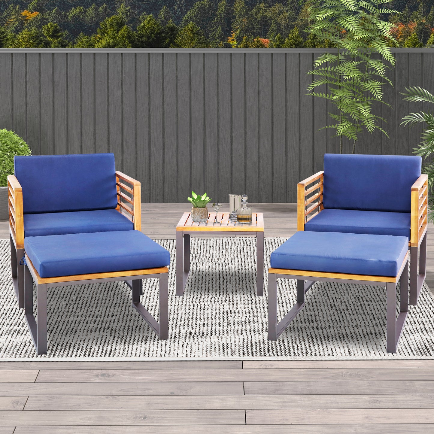5-Piece Patio Chair Set, Acacia Wood, With Ottomans And Coffee Table, Navy Patio Conversation Sets at Gallery Canada