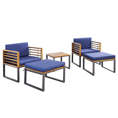 5 Pieces Patio Acacia Wood Chair Set with Ottomans and Coffee Table, Navy Patio Conversation Sets at Gallery Canada