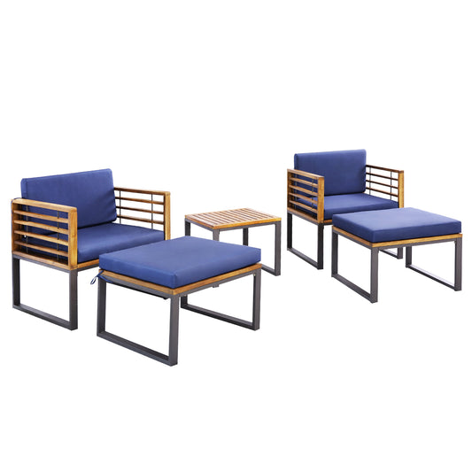5-Piece Patio Chair Set, Acacia Wood, With Ottomans And Coffee Table, Navy Patio Conversation Sets Navy at Gallery Canada