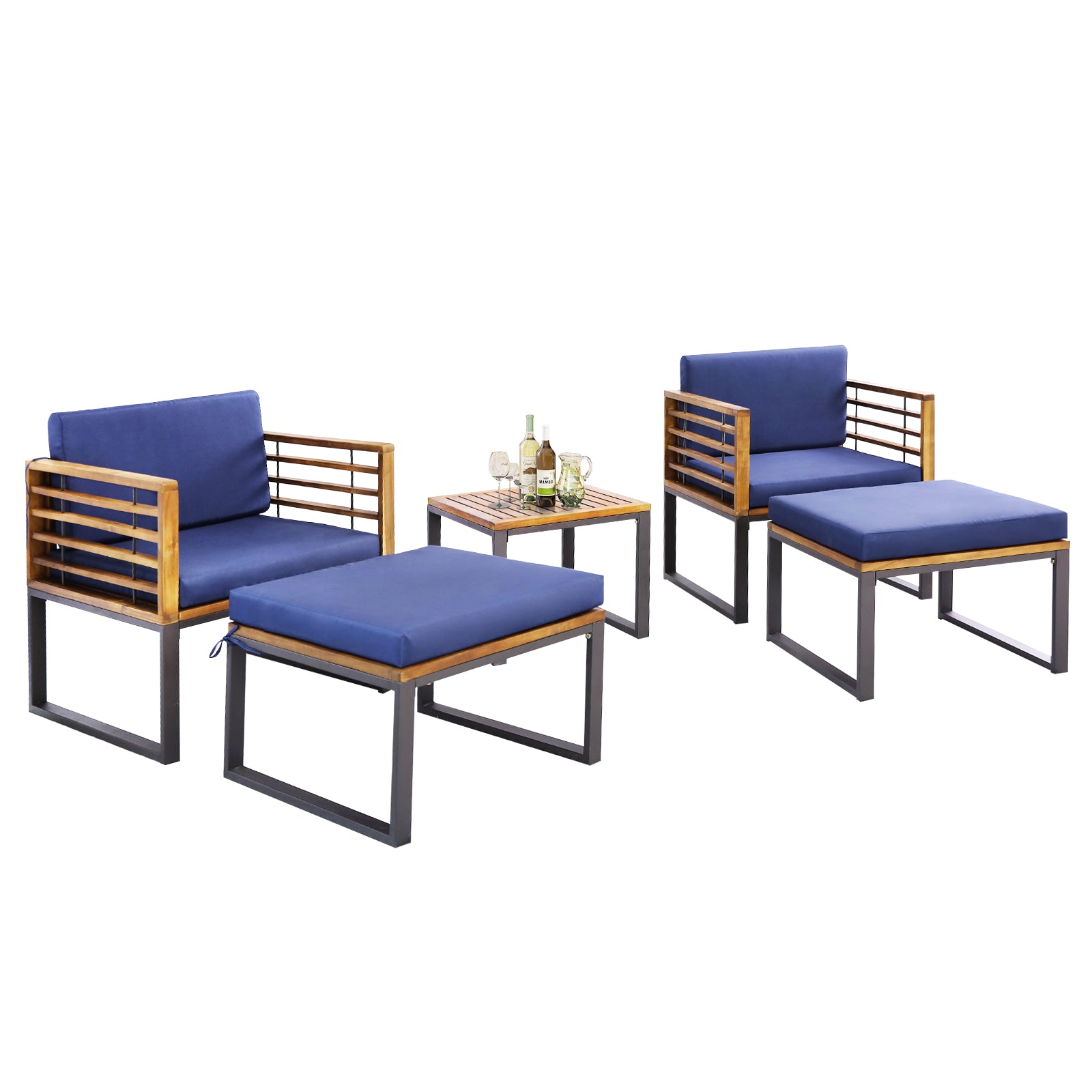 5 Pieces Patio Acacia Wood Chair Set with Ottomans and Coffee Table, Navy Patio Conversation Sets at Gallery Canada