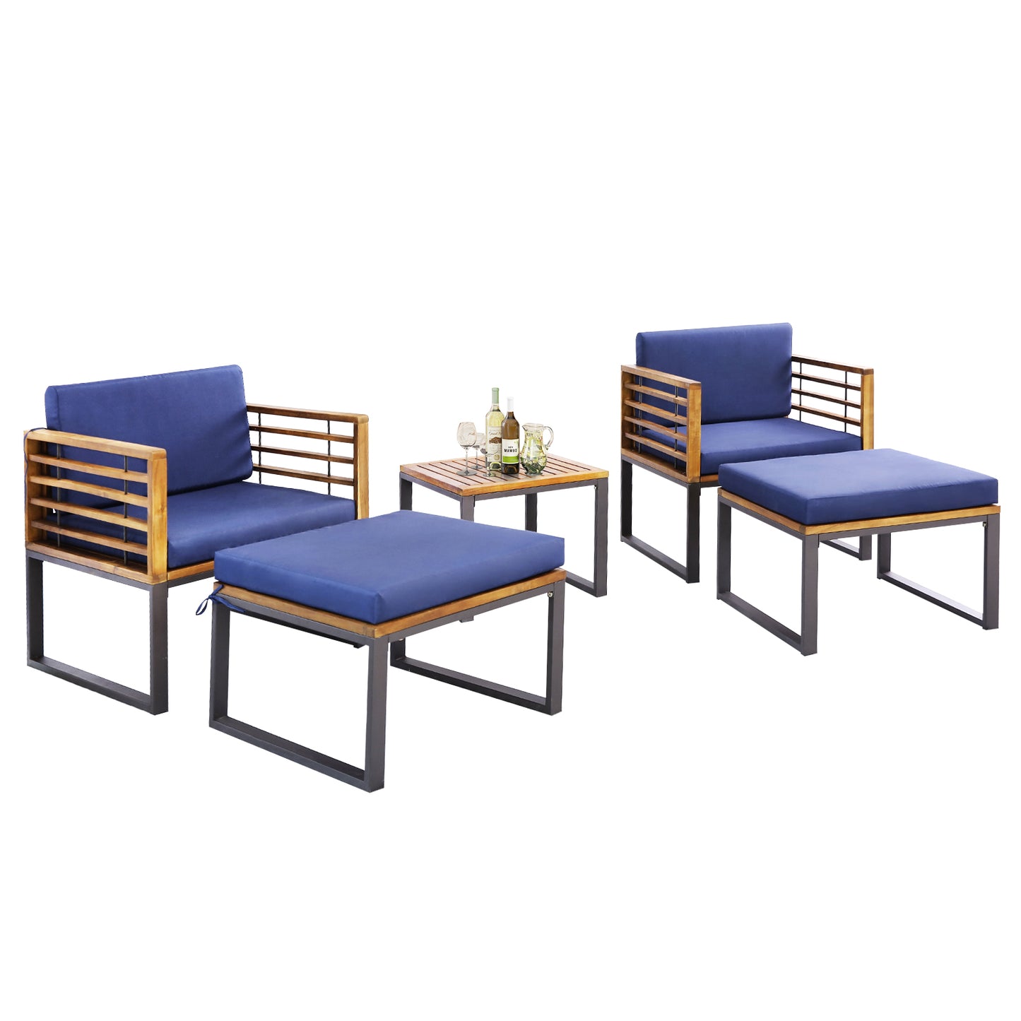 5 Pieces Patio Acacia Wood Chair Set with Ottomans and Coffee Table, Navy Patio Conversation Sets at Gallery Canada