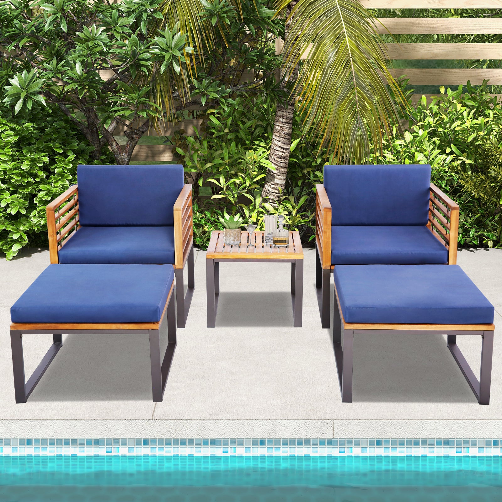 5 Pieces Patio Acacia Wood Chair Set with Ottomans and Coffee Table, Navy Patio Conversation Sets at Gallery Canada