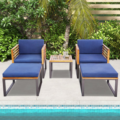 5 Pieces Patio Acacia Wood Chair Set with Ottomans and Coffee Table, Navy Patio Conversation Sets at Gallery Canada