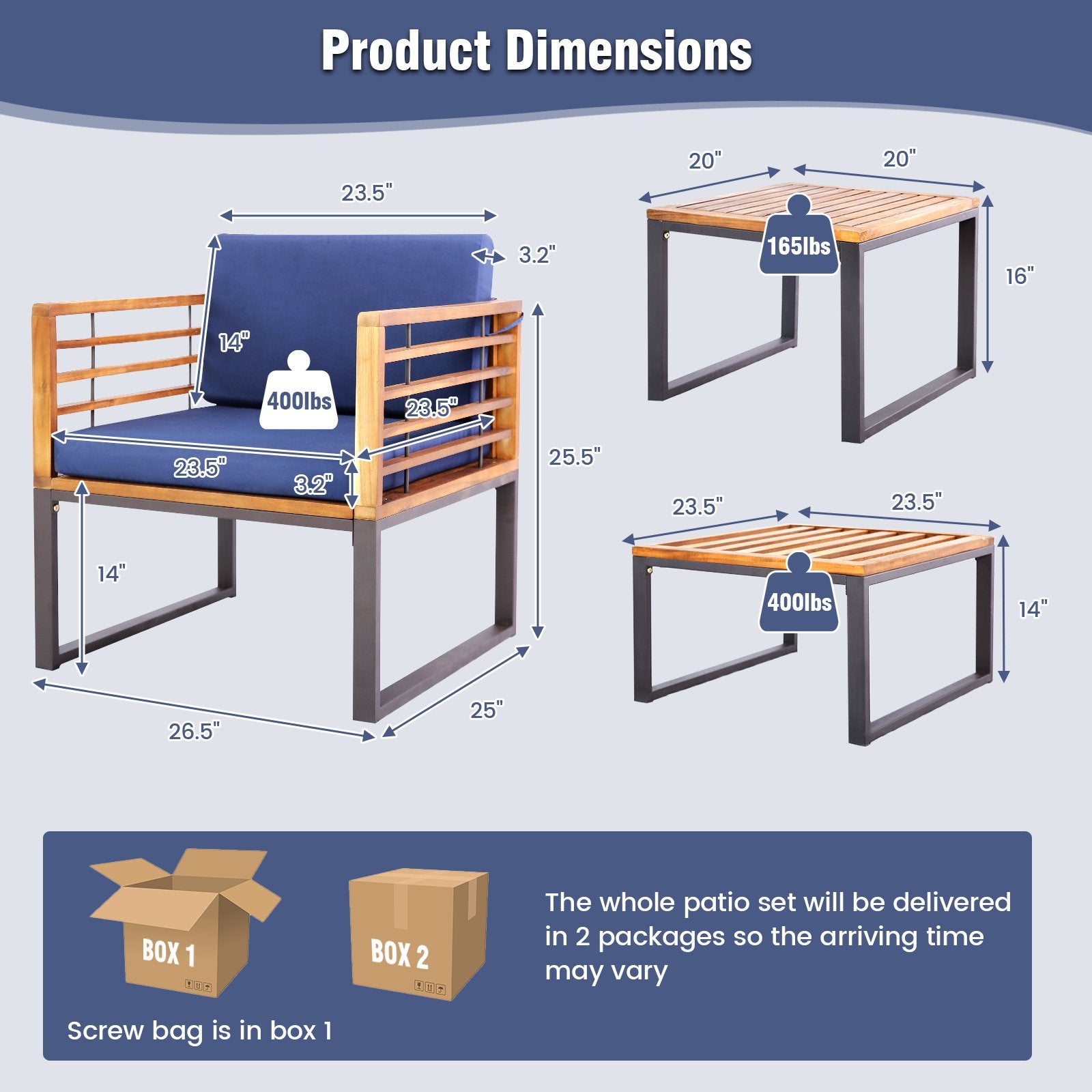 5 Pieces Patio Acacia Wood Chair Set with Ottomans and Coffee Table, Navy Patio Conversation Sets at Gallery Canada