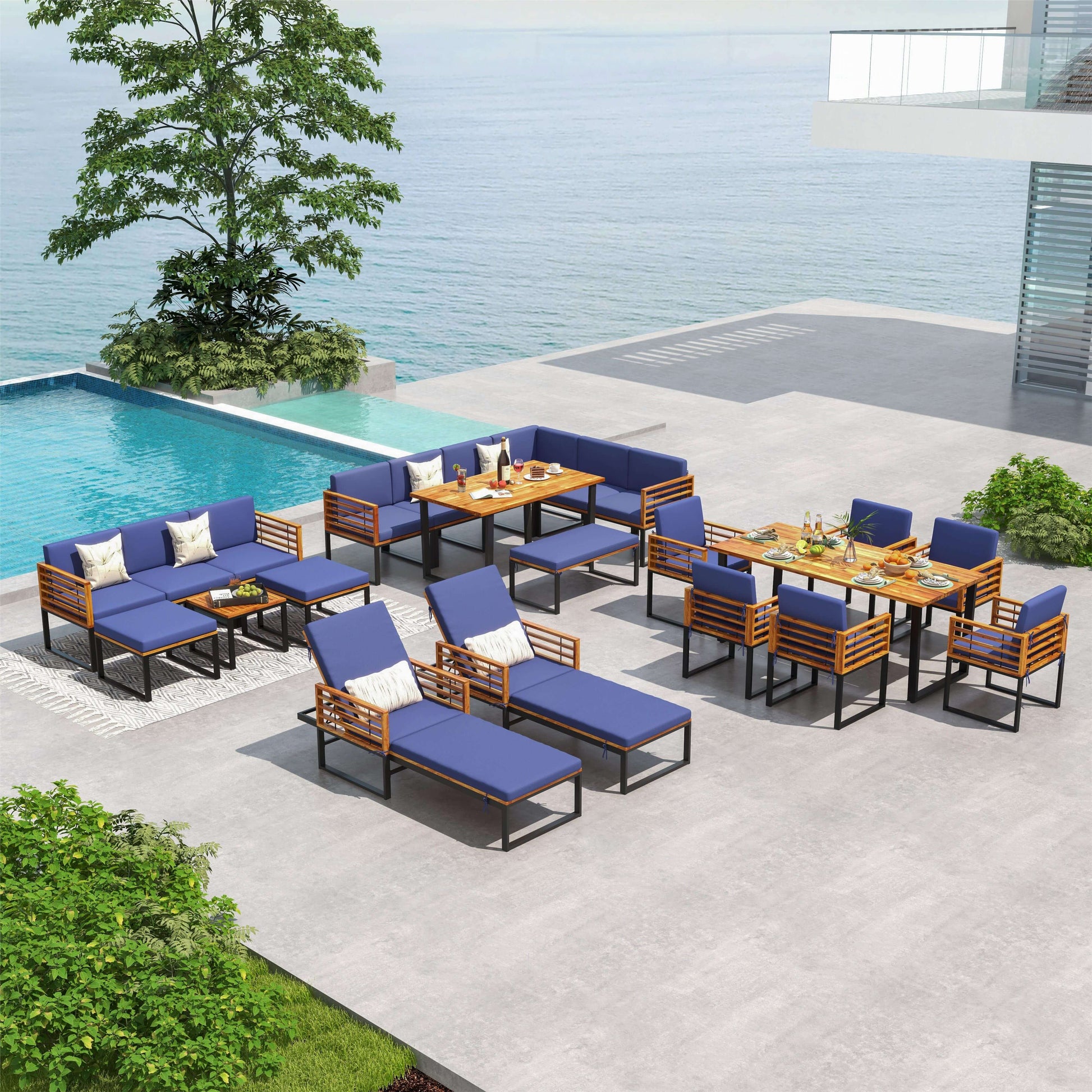 5 Pieces Patio Acacia Wood Chair Set with Ottomans and Coffee Table, Navy Patio Conversation Sets at Gallery Canada