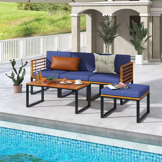 5-Piece Patio Acacia Wood Chair Set with Ottoman and Coffee Table, Navy Patio Conversation Sets Navy at Gallery Canada