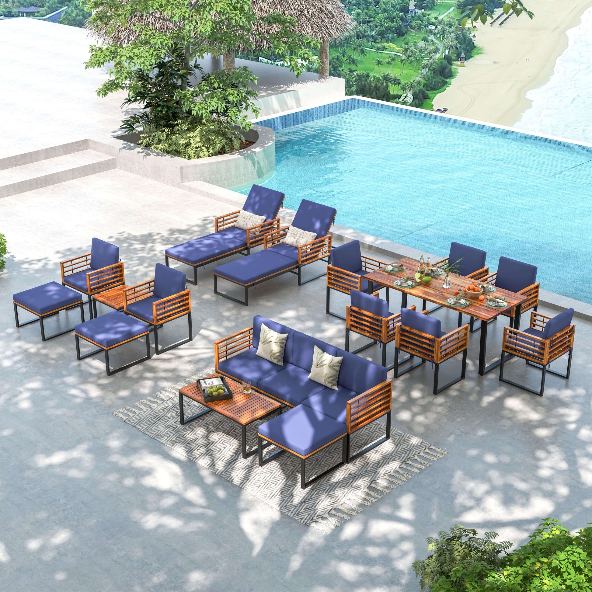 5-Piece Patio Acacia Wood Chair Set with Ottoman and Coffee Table, Navy Patio Conversation Sets at Gallery Canada