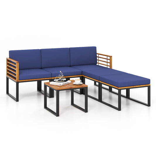 6 Pieces Patio Acacia Wood Conversation Sofa Set with Ottomans and Coffee Table, Navy Patio Conversation Sets Navy at Gallery Canada