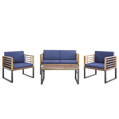 4 Piece Acacia Wood Patio Conversation Set, Navy Patio Furniture Sets Navy at Gallery Canada