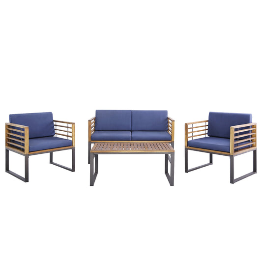 4 Piece Acacia Wood Patio Conversation Set, Navy Patio Furniture Sets Navy at Gallery Canada