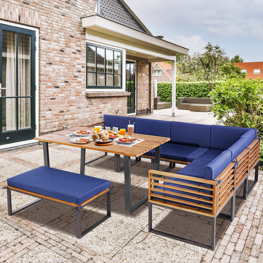 8 Pieces Patio Acacia Wood Dining Table Set with Ottoman Cushions, Navy - Gallery Canada