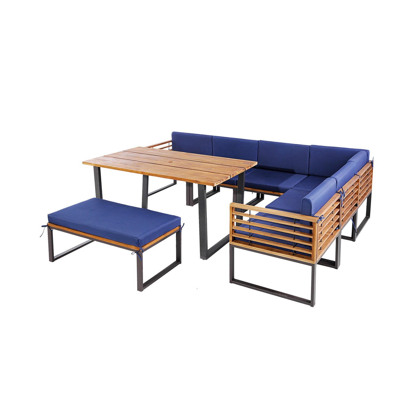 8 Pieces Patio Acacia Wood Dining Table Set with Ottoman Cushions, Navy Patio Dining Sets at Gallery Canada