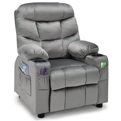 Kids Recliner Chair, Cup Holder, Footrest, Light Gray