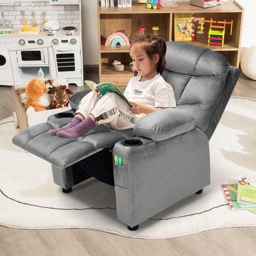 Kids Recliner Chair with Cup Holder and Footrest for Children, Light Gray