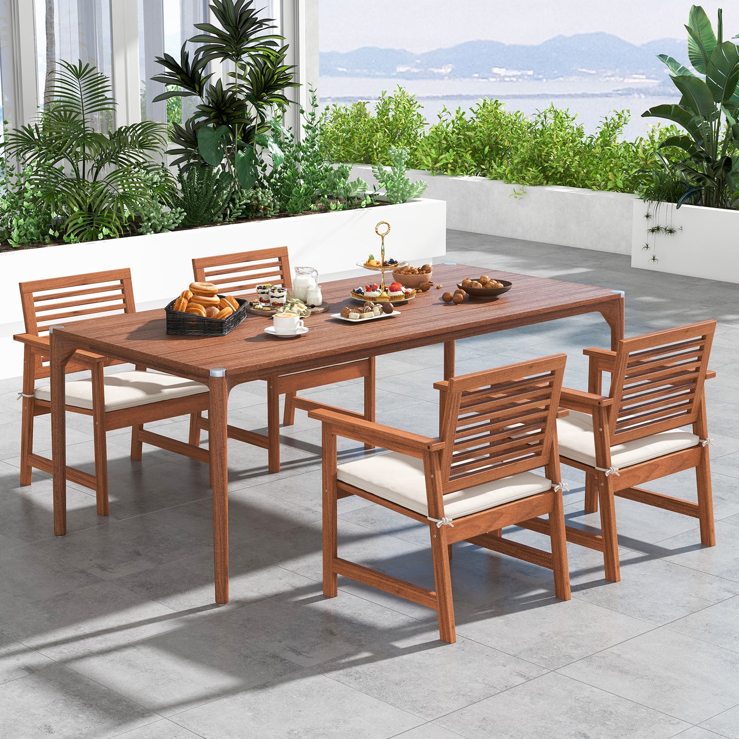 Set of 2 Patio Solid Wood Dining Chairs with Cushions and Slatted Seat, Natural Patio Dining Chairs at Gallery Canada