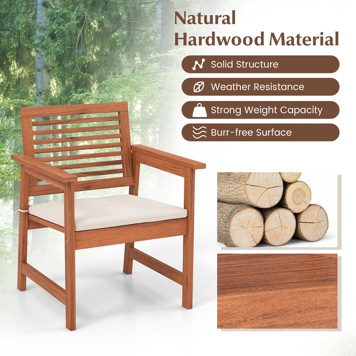 Set of 2 Patio Solid Wood Dining Chairs with Cushions and Slatted Seat, Natural Patio Dining Chairs at Gallery Canada
