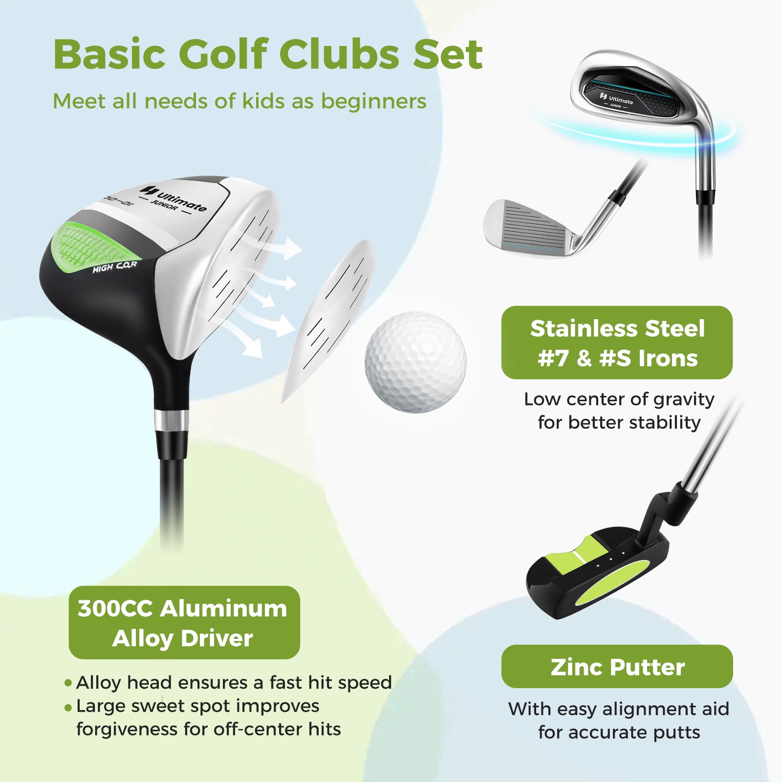 Junior Complete Golf Club Set for Kids with Rain Hood Right Hand Children Golf Age 8-10 Years Old, Green Golf at Gallery Canada