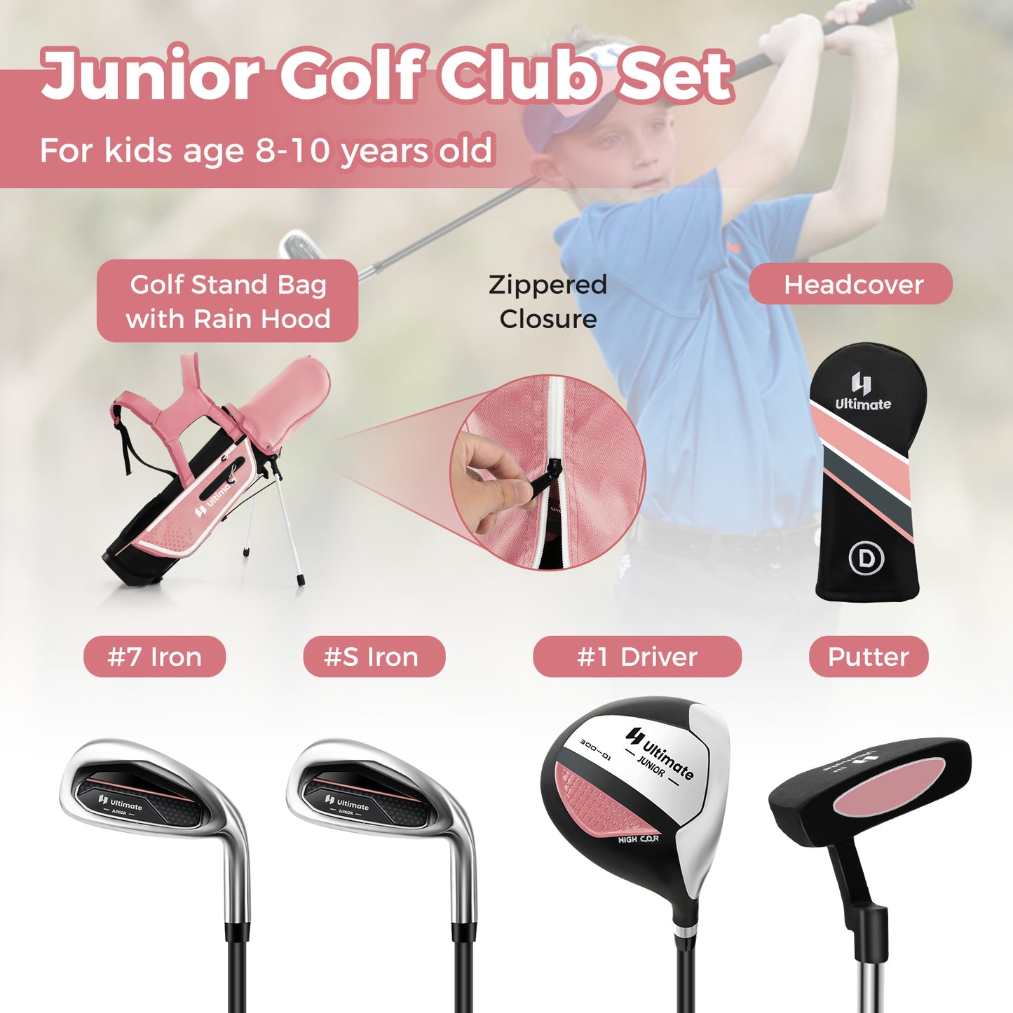 Junior Complete Golf Club Set for Kids with Rain Hood Right Hand Children Golf Age 8-10 Years Old, Pink Golf at Gallery Canada